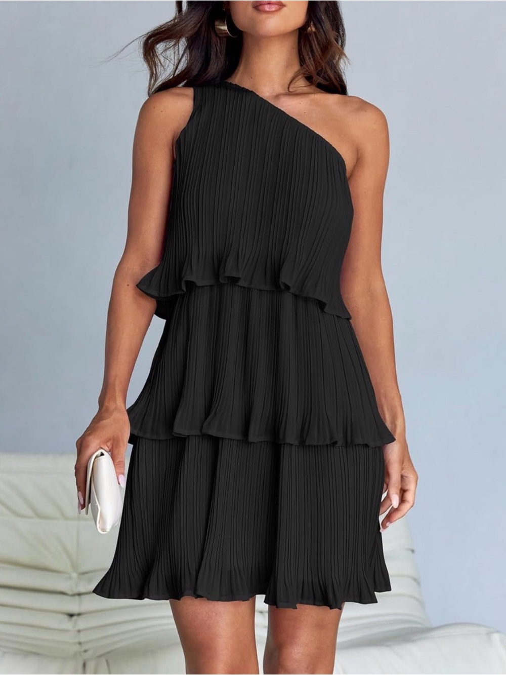 Elegant One-Shoulder Black Tiered Pleated Dress - NWT